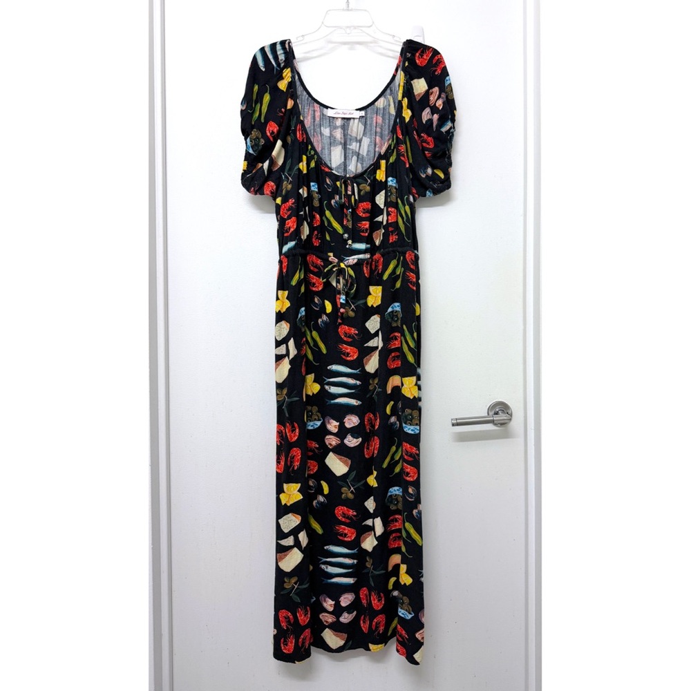 Lisa Says Gah Lux Food Print Maxi Dress Tapas Black Lemon Olive Fruit XL - Picture 2 of 14